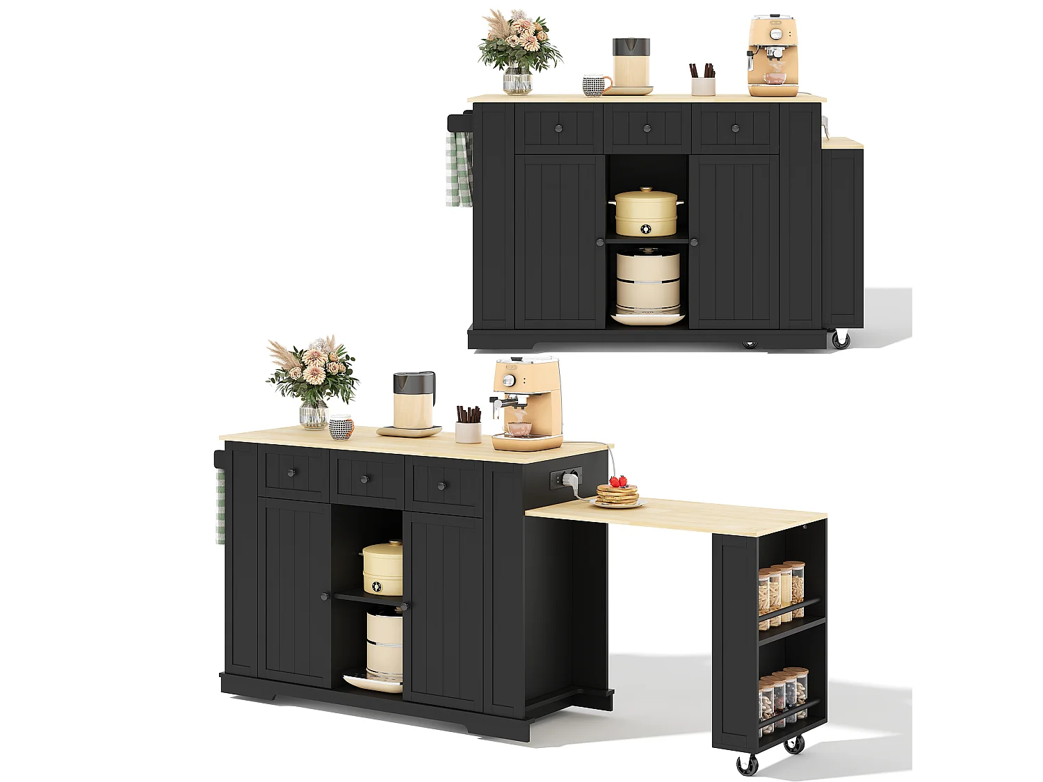 Isola cucina su ruote con tavolo ribaltabile, 2 ante, 2 cassetti, prese di corrente e porte USB - MDF - 138-213 x 55 x 93 cm - Nero