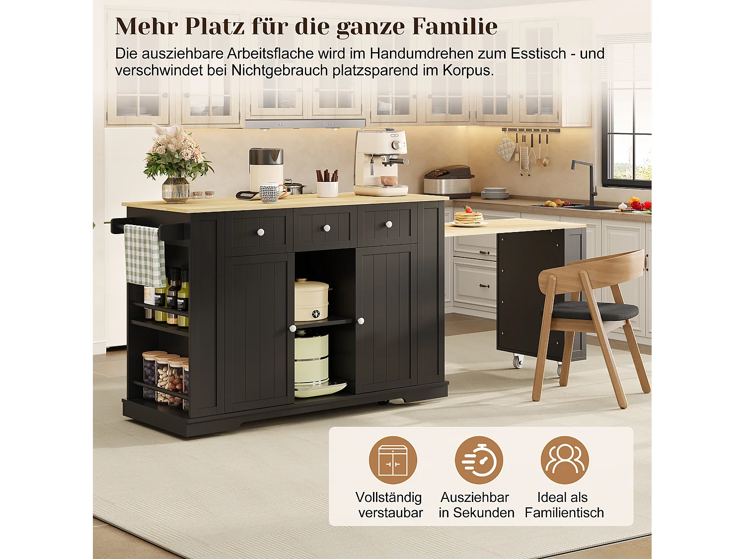 Isola cucina su ruote con tavolo ribaltabile, 2 ante, 2 cassetti, prese di corrente e porte USB - MDF - 138-213 x 55 x 93 cm - Nero