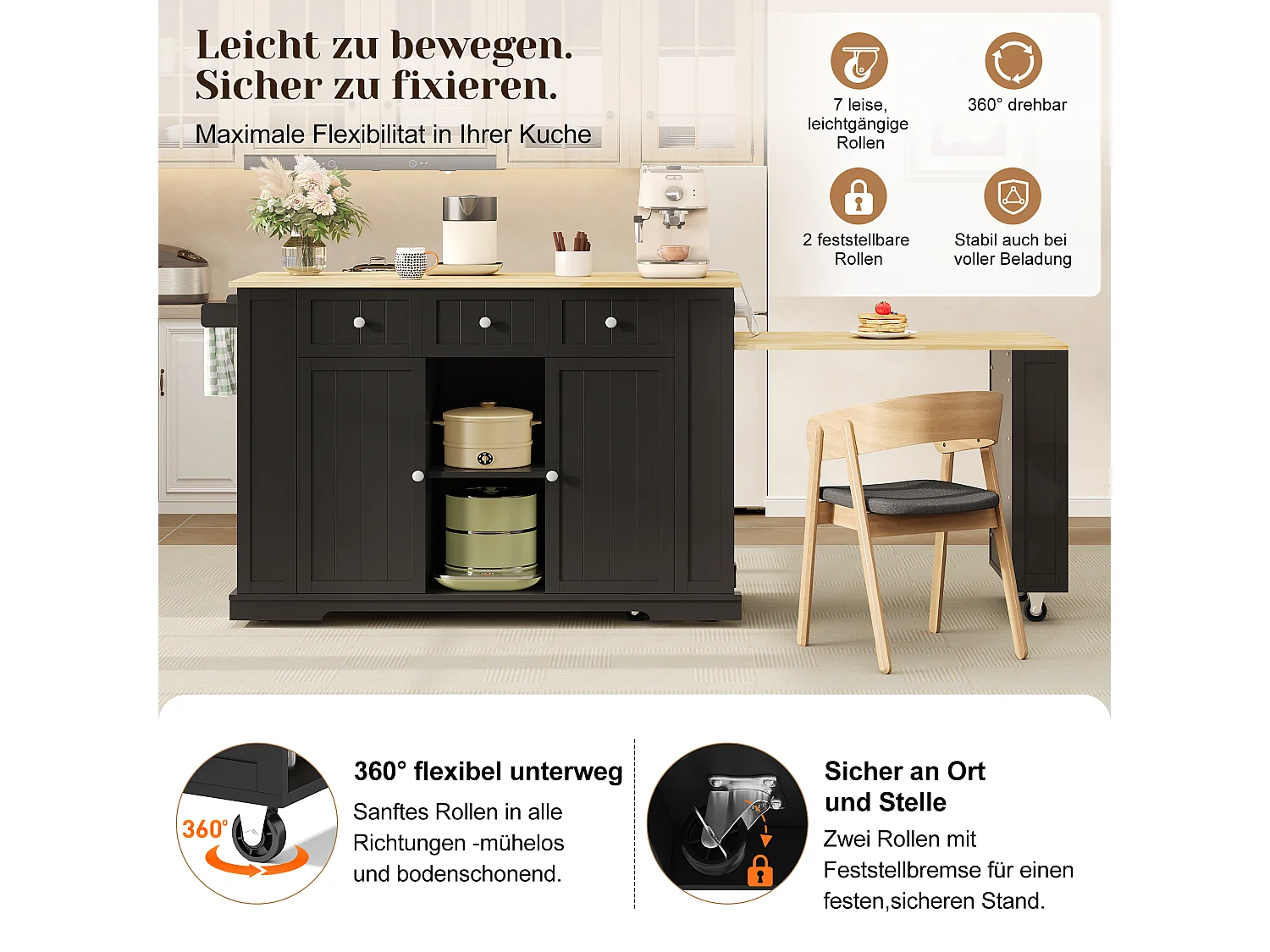 Isola cucina su ruote con tavolo ribaltabile, 2 ante, 2 cassetti, prese di corrente e porte USB - MDF - 138-213 x 55 x 93 cm - Nero