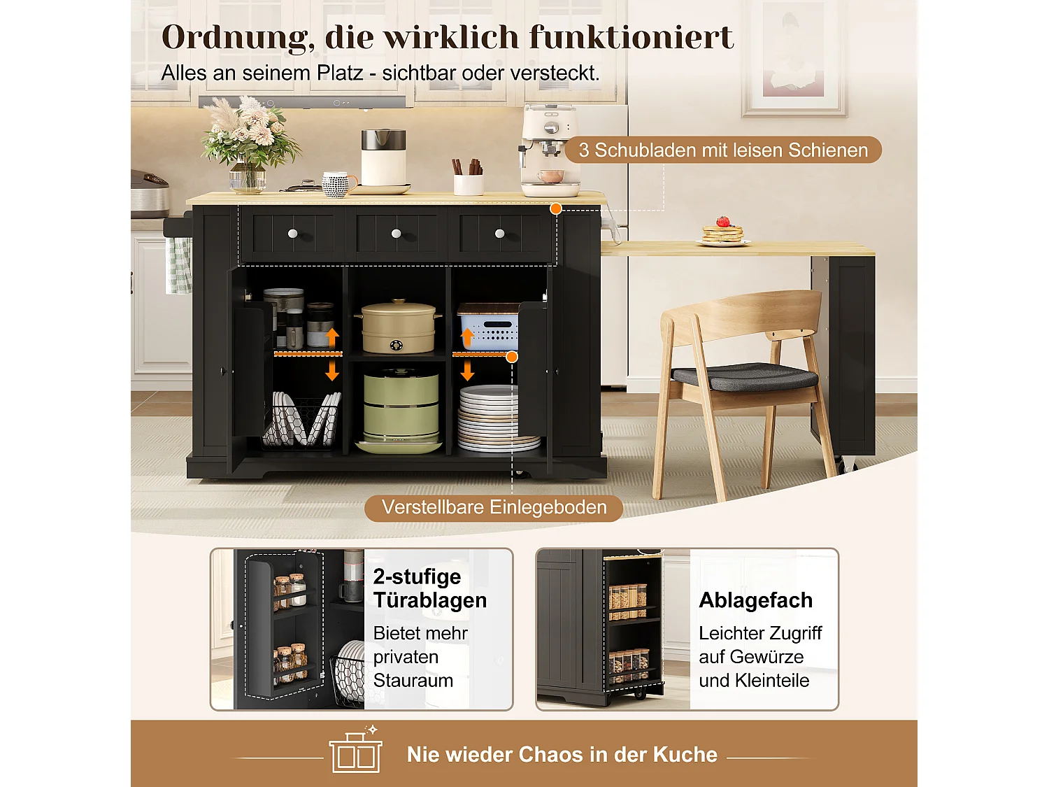 Isola cucina su ruote con tavolo ribaltabile, 2 ante, 2 cassetti, prese di corrente e porte USB - MDF - 138-213 x 55 x 93 cm - Nero