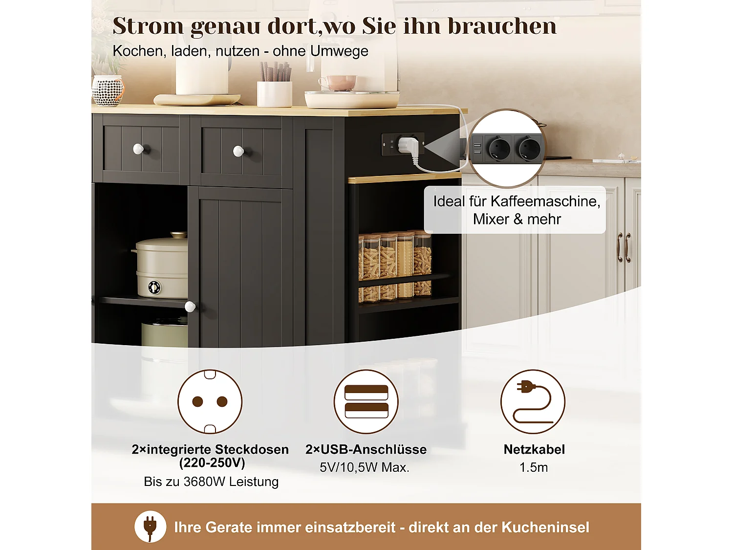 Isola cucina su ruote con tavolo ribaltabile, 2 ante, 2 cassetti, prese di corrente e porte USB - MDF - 138-213 x 55 x 93 cm - Nero