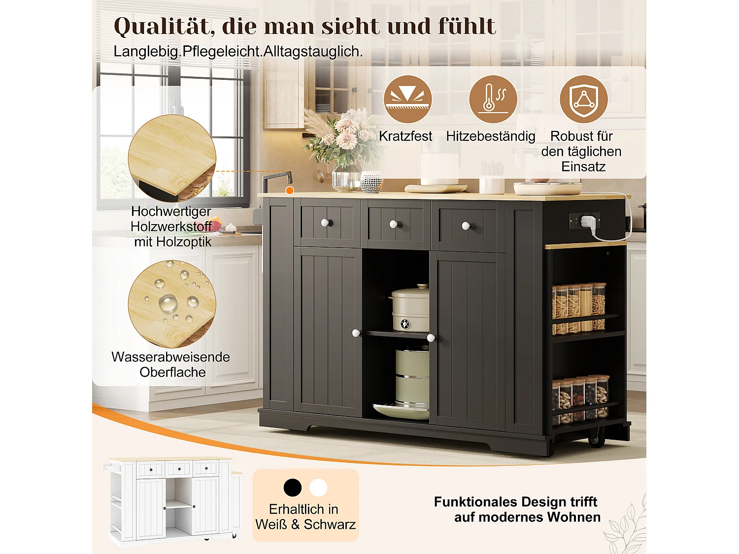 Isola cucina su ruote con tavolo ribaltabile, 2 ante, 2 cassetti, prese di corrente e porte USB - MDF - 138-213 x 55 x 93 cm - Nero