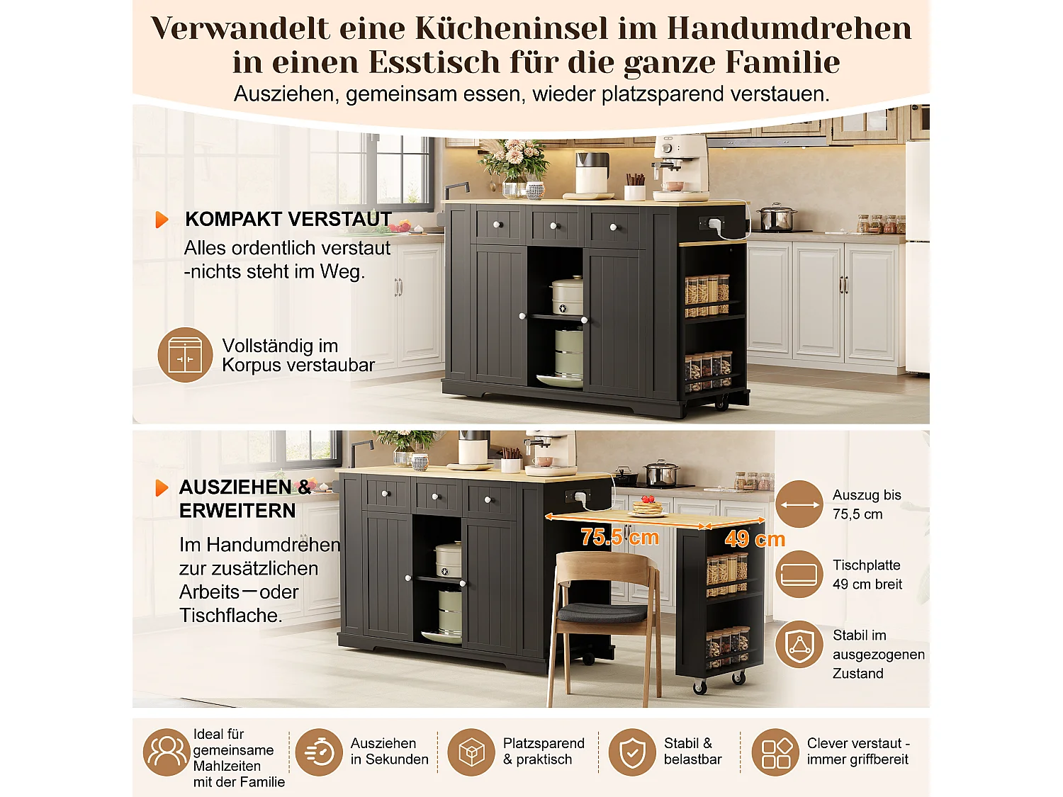 Isola cucina su ruote con tavolo ribaltabile, 2 ante, 2 cassetti, prese di corrente e porte USB - MDF - 138-213 x 55 x 93 cm - Nero