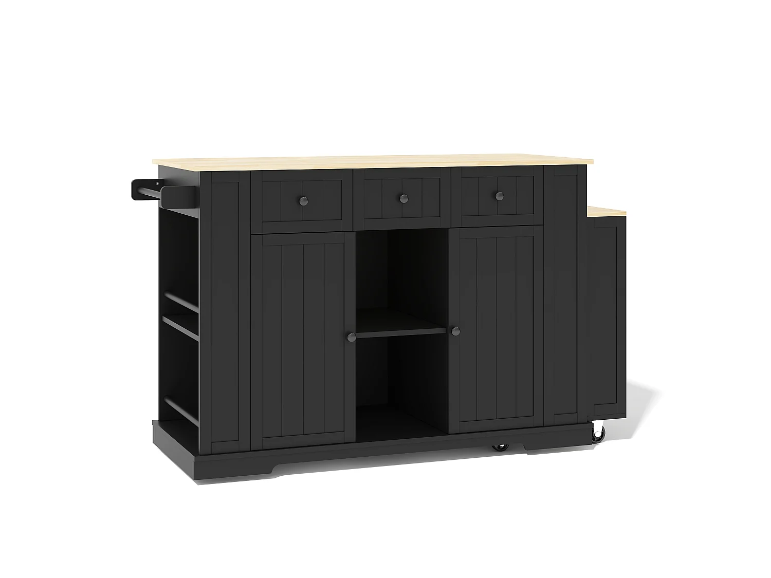 Isola cucina su ruote con tavolo ribaltabile, 2 ante, 2 cassetti, prese di corrente e porte USB - MDF - 138-213 x 55 x 93 cm - Nero