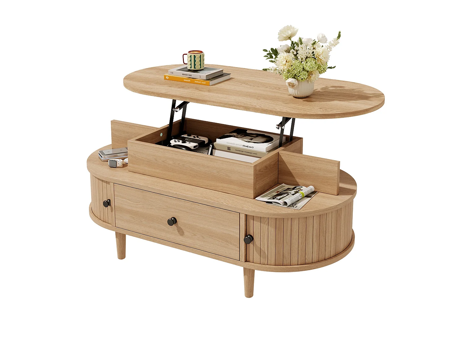 Table basse ovale à plateau relevable avec 2 portes coulissantes, 1 tiroir - MDF et bois d’hévéa - 105 x 50 x 60,5 cm - Naturel
