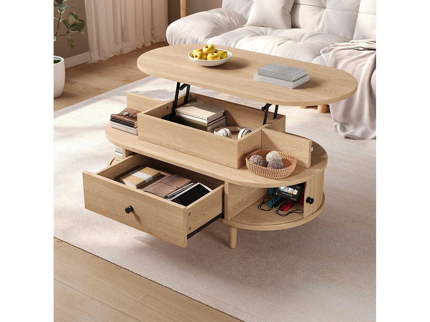 Table basse ovale à plateau relevable avec 2 portes coulissantes, 1 tiroir - MDF et bois d’hévéa - 105 x 50 x 60,5 cm - Naturel