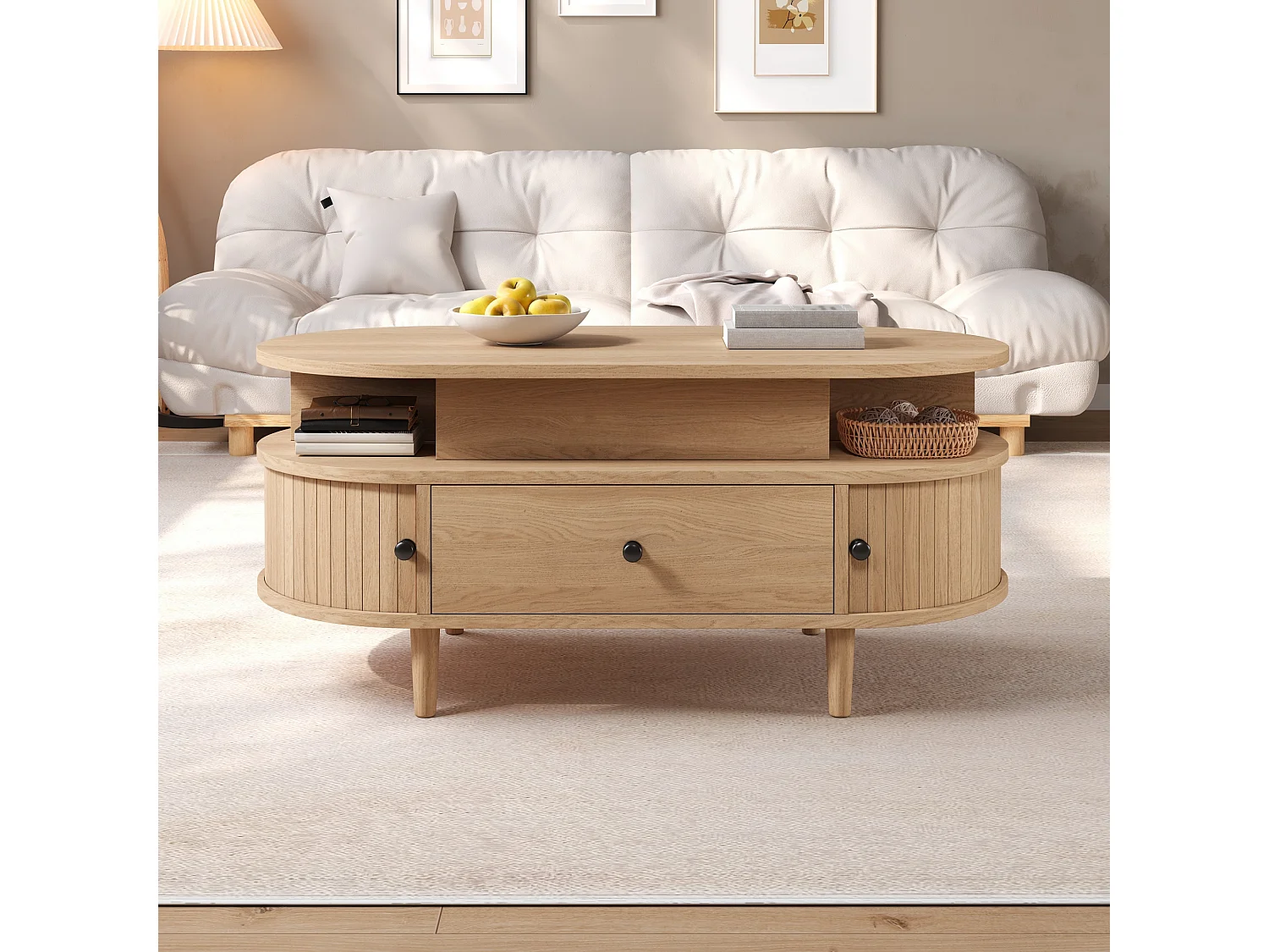 Table basse ovale à plateau relevable avec 2 portes coulissantes, 1 tiroir - MDF et bois d’hévéa - 105 x 50 x 60,5 cm - Naturel