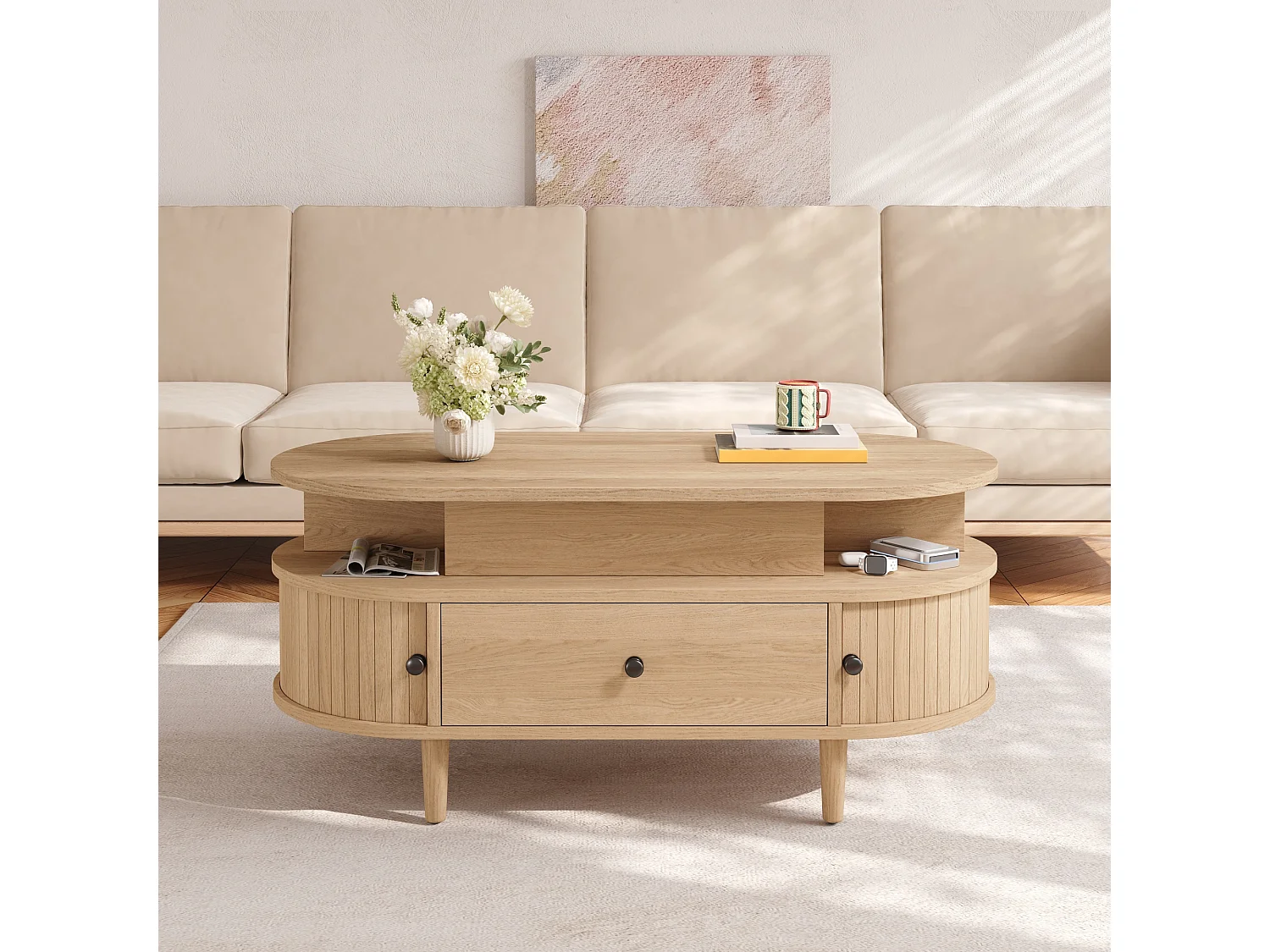 Table basse ovale à plateau relevable avec 2 portes coulissantes, 1 tiroir - MDF et bois d’hévéa - 105 x 50 x 60,5 cm - Naturel