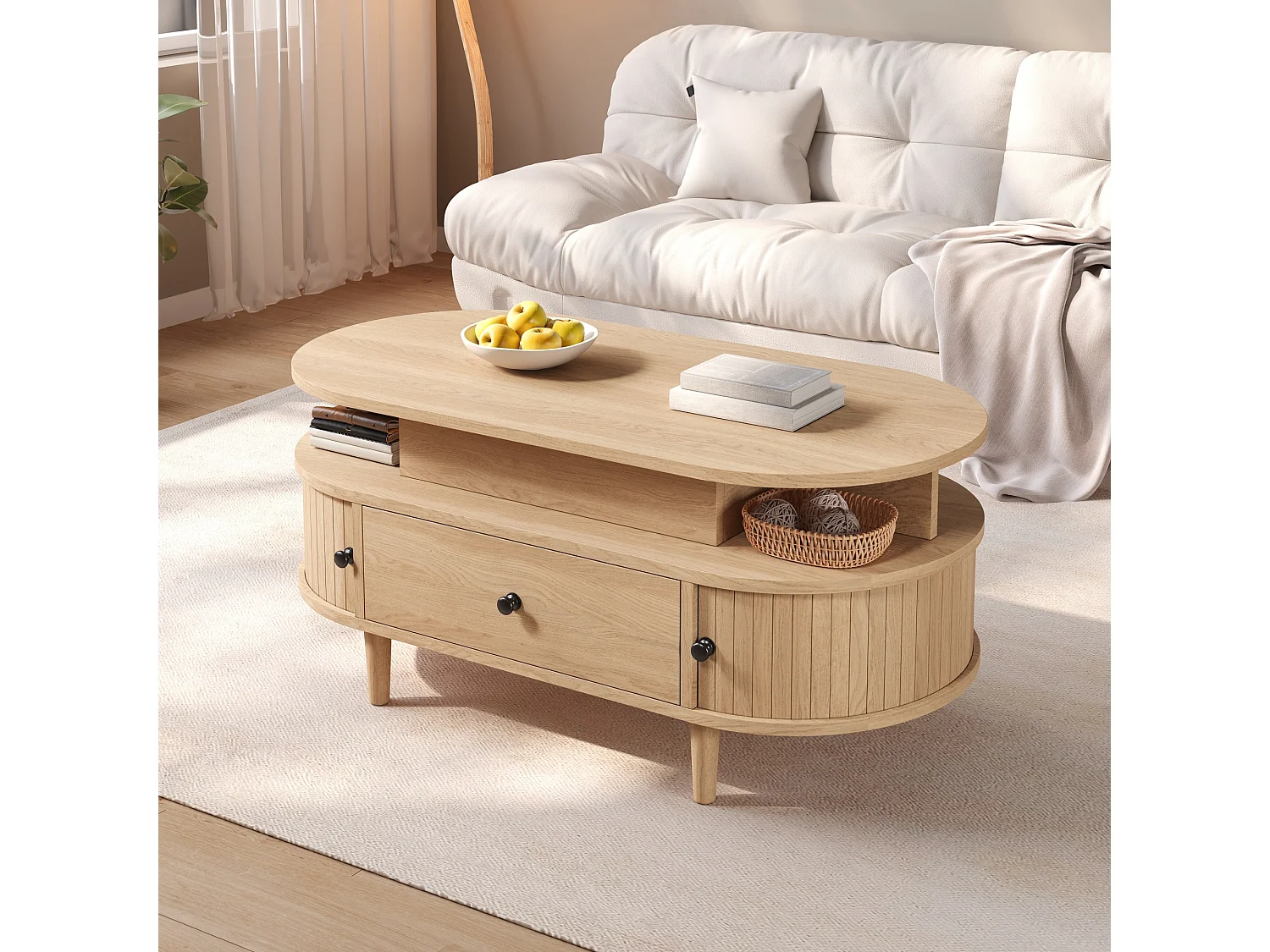 Table basse ovale à plateau relevable avec 2 portes coulissantes, 1 tiroir - MDF et bois d’hévéa - 105 x 50 x 60,5 cm - Naturel