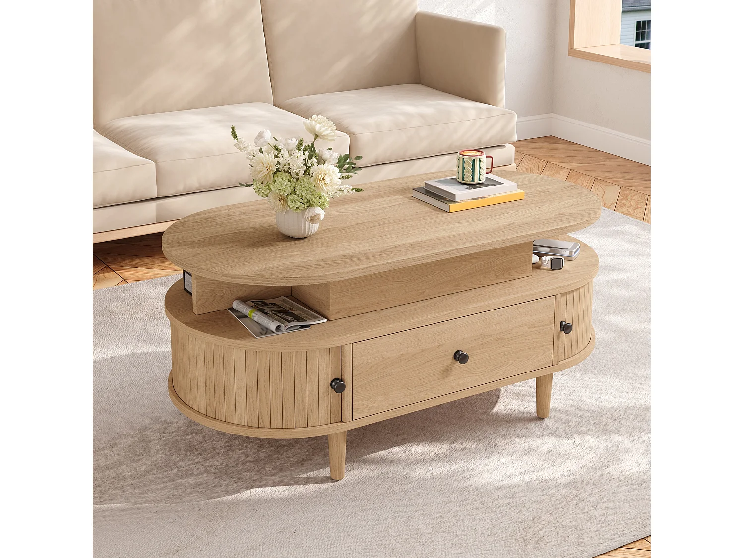 Table basse ovale à plateau relevable avec 2 portes coulissantes, 1 tiroir - MDF et bois d’hévéa - 105 x 50 x 60,5 cm - Naturel