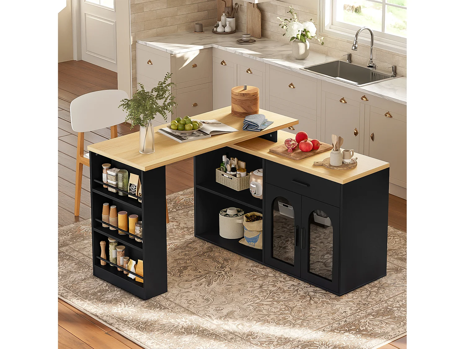 Isola cucina con piano girevole a 360°, 1 cassetto e 2 ante in vetro - MDF e vetro temperato - 136 x 50 x 78 cm - Nero