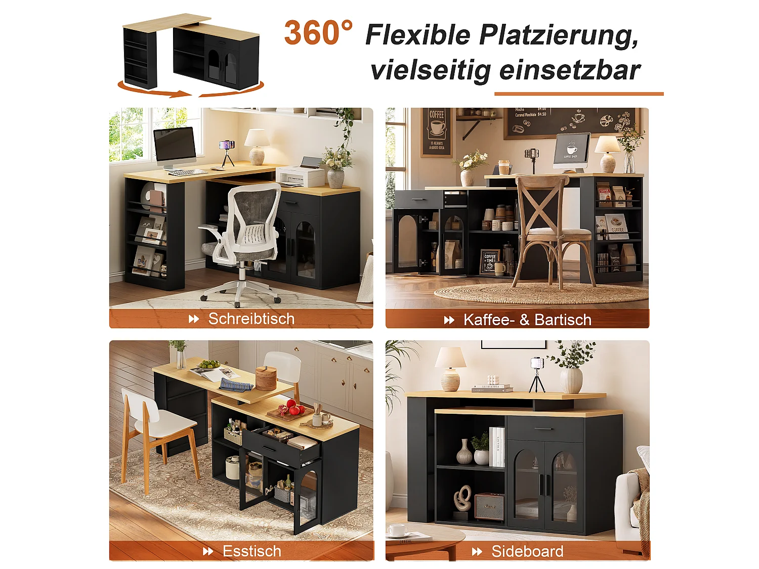 Isola cucina con piano girevole a 360°, 1 cassetto e 2 ante in vetro - MDF e vetro temperato - 136 x 50 x 78 cm - Nero