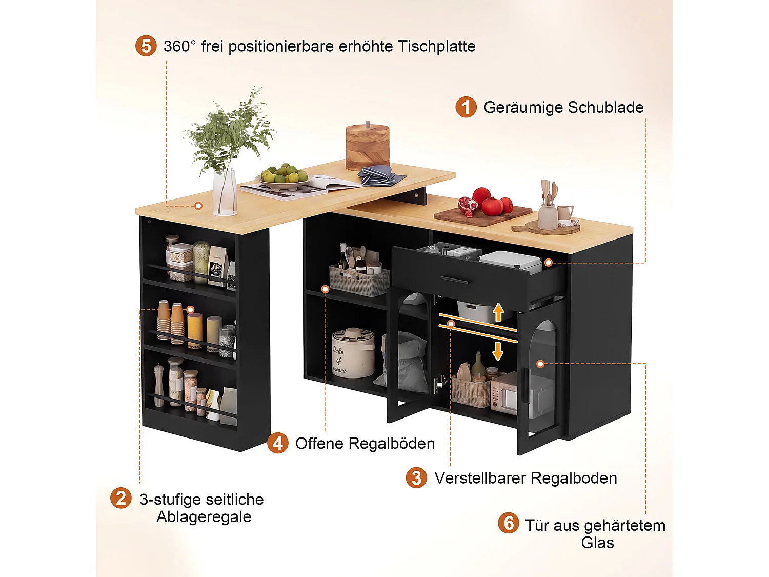 Isola cucina con piano girevole a 360°, 1 cassetto e 2 ante in vetro - MDF e vetro temperato - 136 x 50 x 78 cm - Nero
