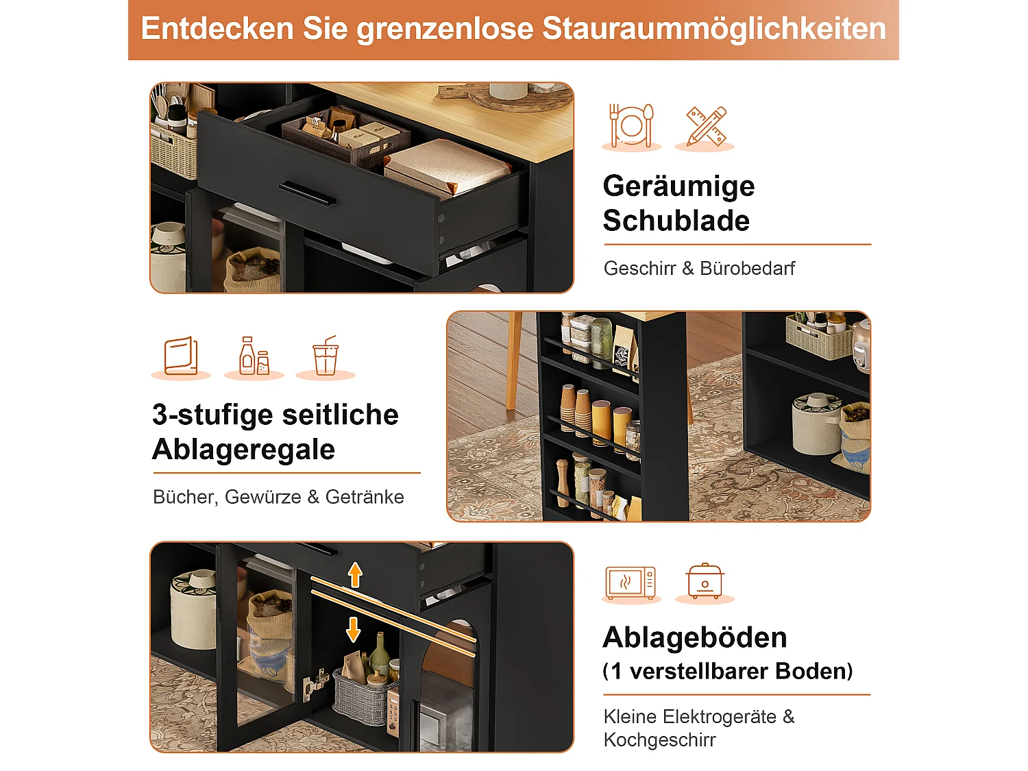 Isola cucina con piano girevole a 360°, 1 cassetto e 2 ante in vetro - MDF e vetro temperato - 136 x 50 x 78 cm - Nero