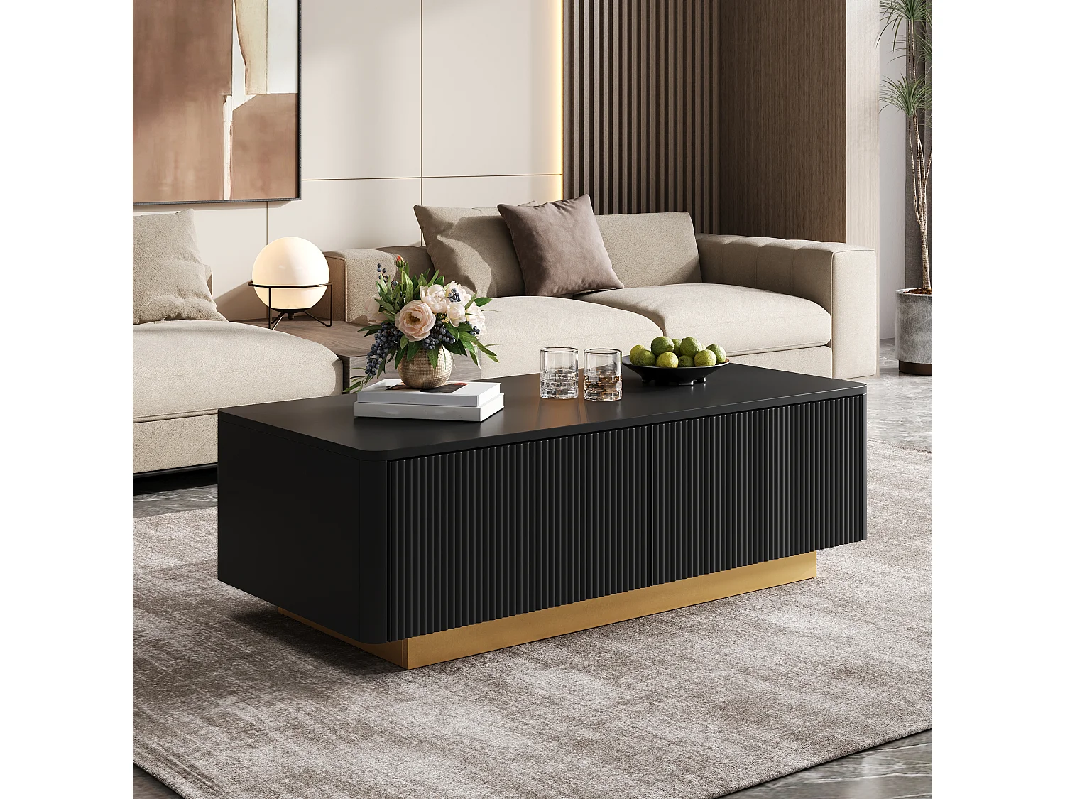 Soffbord med 2 lådor och räfflade fronter - MDF och spånskiva - 110 x 50 x 35 cm - Svart