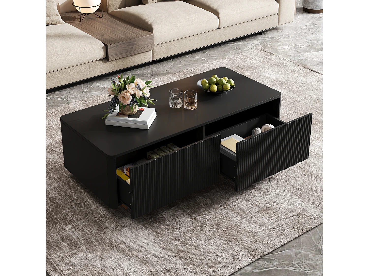 Soffbord med 2 lådor och räfflade fronter - MDF och spånskiva - 110 x 50 x 35 cm - Svart