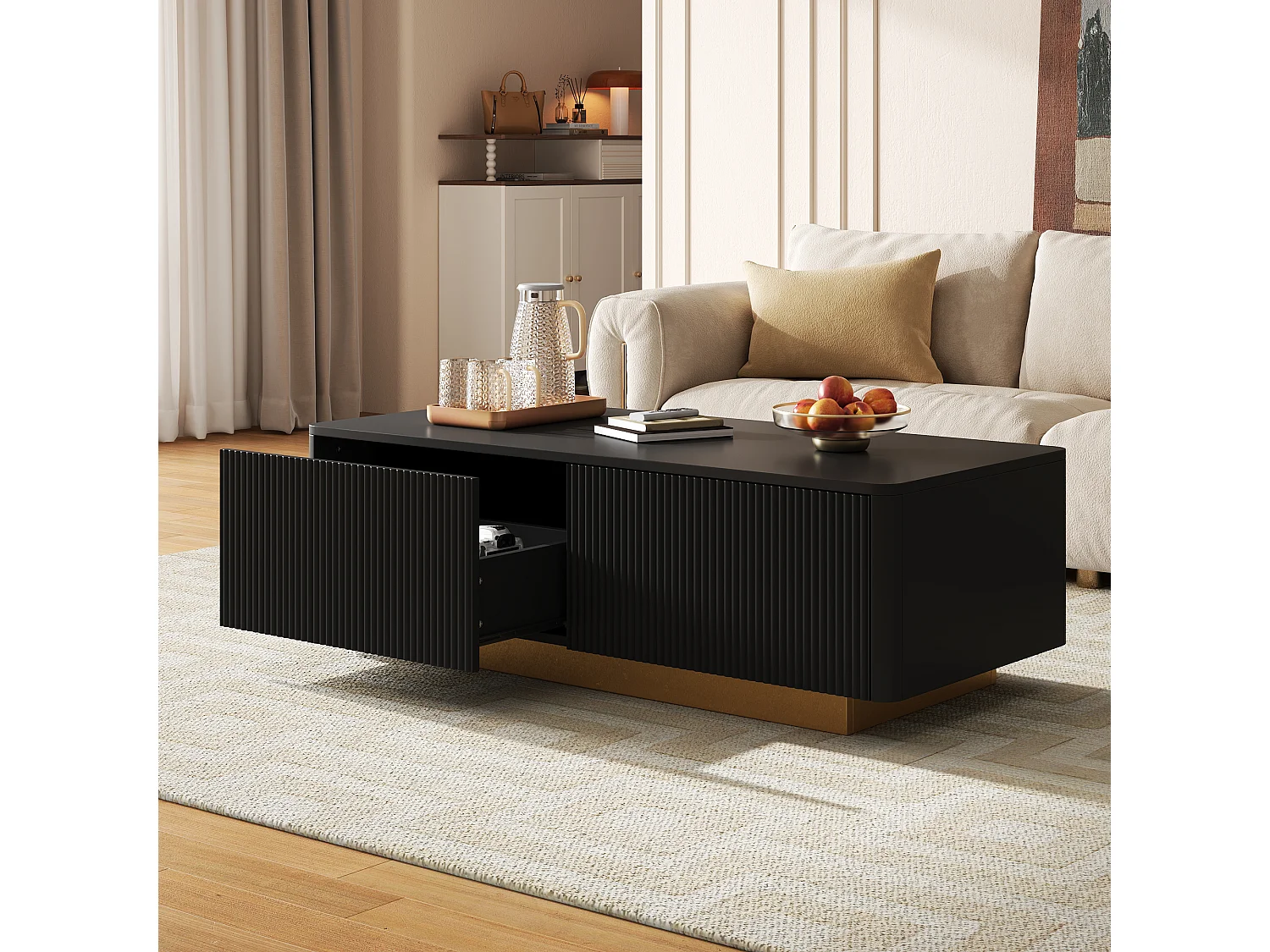 Soffbord med 2 lådor och räfflade fronter - MDF och spånskiva - 110 x 50 x 35 cm - Svart