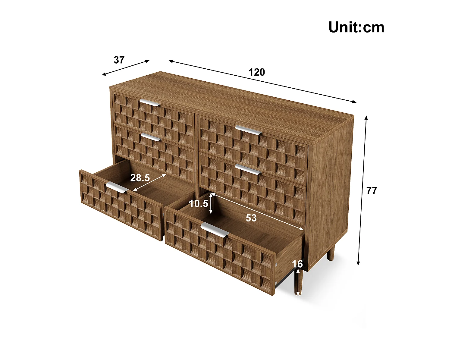Komoda z 6 szufladami, frontami z efektem tłoczenia i metalowymi uchwytami - MDF - 120 x 37 x 77 cm - Dąb