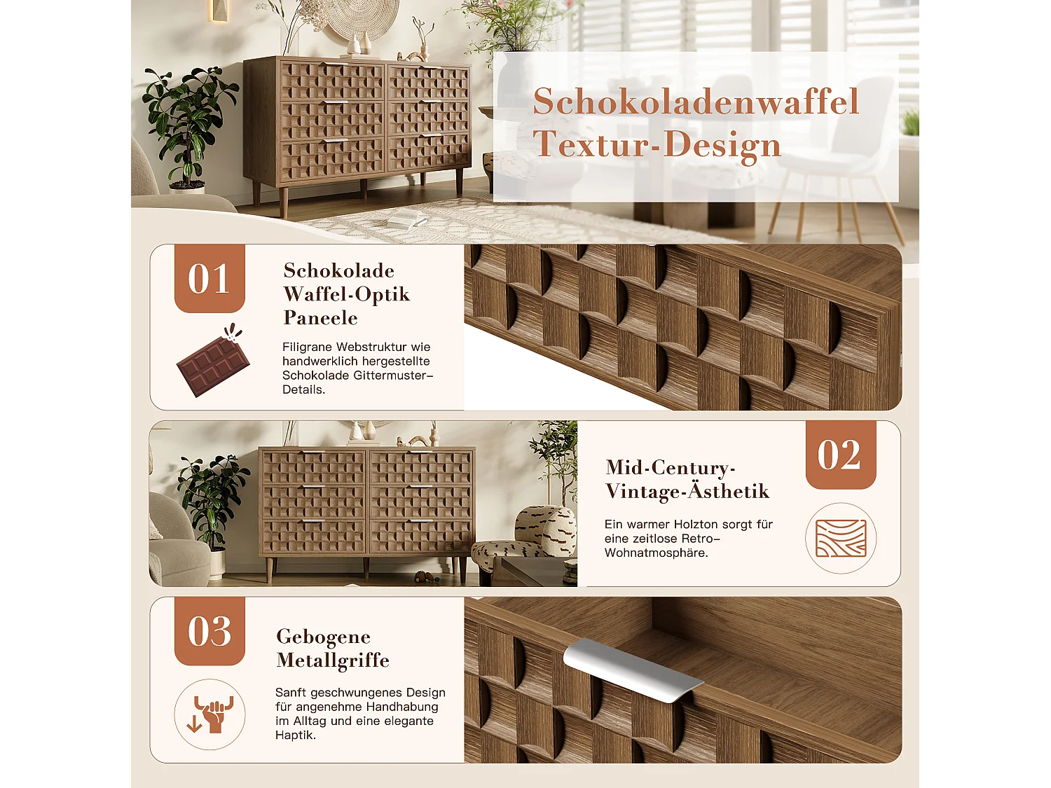 Komoda z 6 szufladami, frontami z efektem tłoczenia i metalowymi uchwytami - MDF - 120 x 37 x 77 cm - Dąb