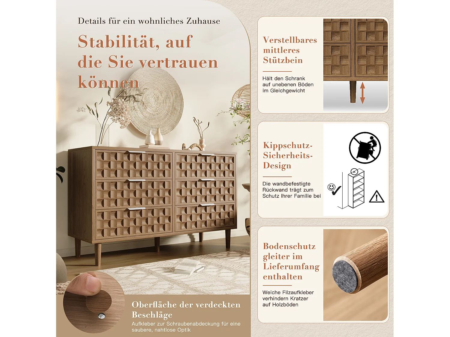 Komoda z 6 szufladami, frontami z efektem tłoczenia i metalowymi uchwytami - MDF - 120 x 37 x 77 cm - Dąb