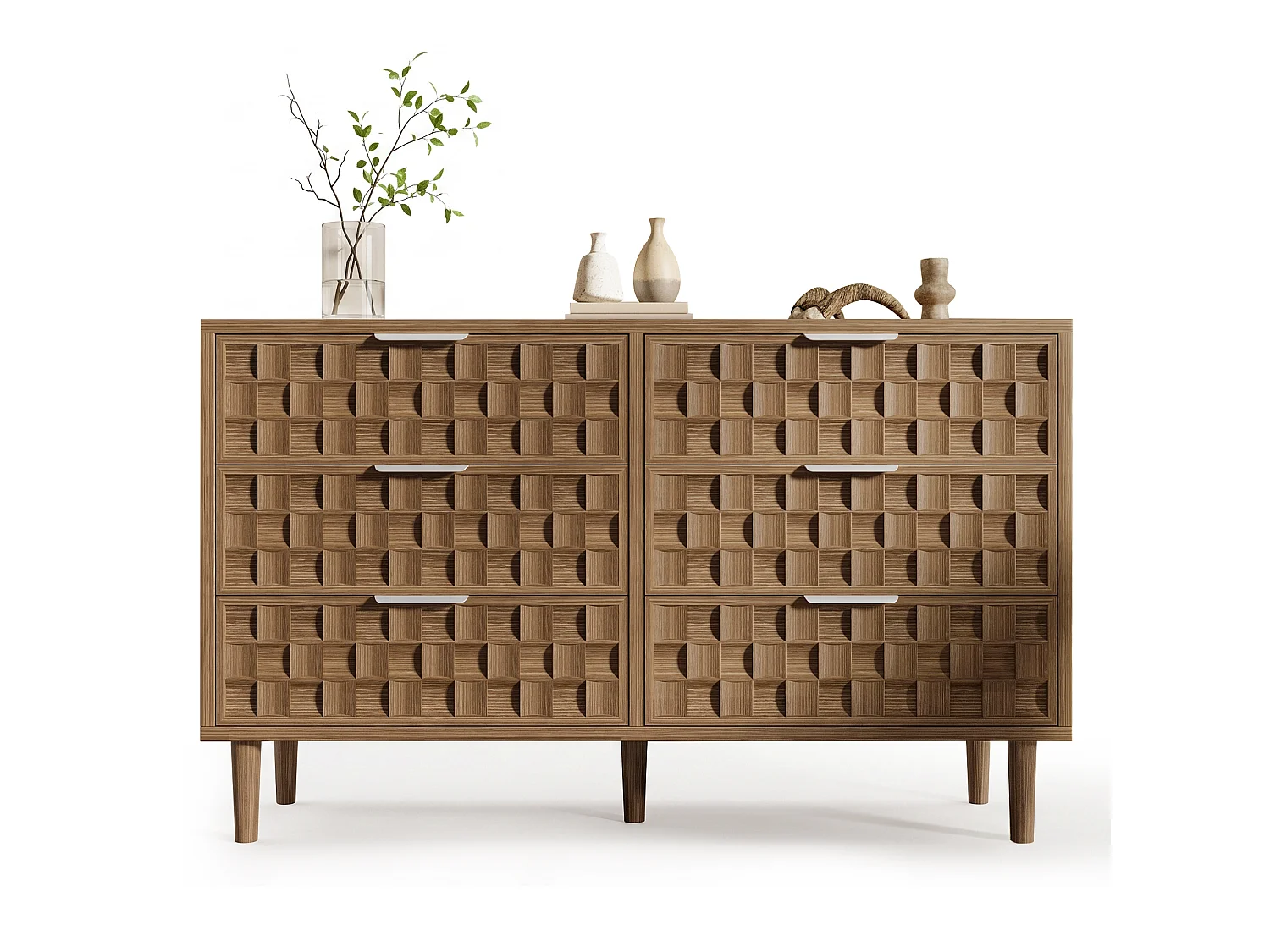 Komoda z 6 szufladami, frontami z efektem tłoczenia i metalowymi uchwytami - MDF - 120 x 37 x 77 cm - Dąb