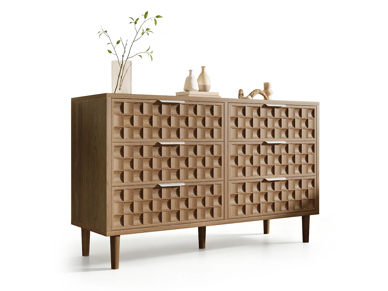Komoda z 6 szufladami, frontami z efektem tłoczenia i metalowymi uchwytami - MDF - 120 x 37 x 77 cm - Dąb