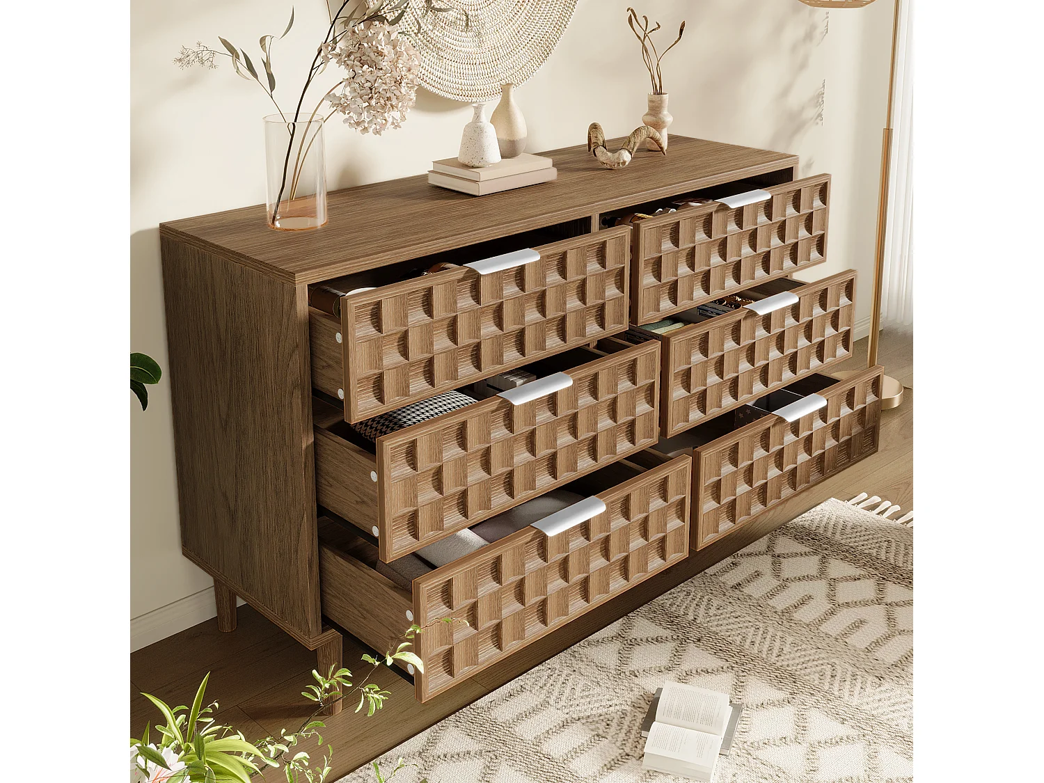 Komoda z 6 szufladami, frontami z efektem tłoczenia i metalowymi uchwytami - MDF - 120 x 37 x 77 cm - Dąb