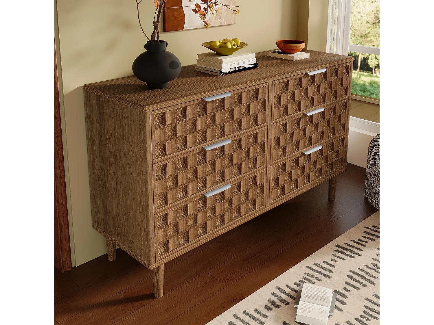 Komoda z 6 szufladami, frontami z efektem tłoczenia i metalowymi uchwytami - MDF - 120 x 37 x 77 cm - Dąb