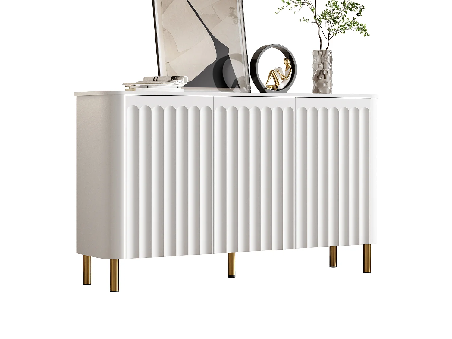 Low sideboard with 3 handleless doors, 3D embossed fronts and rounded corners - MDF - 135 x 36 x 78 cm - White