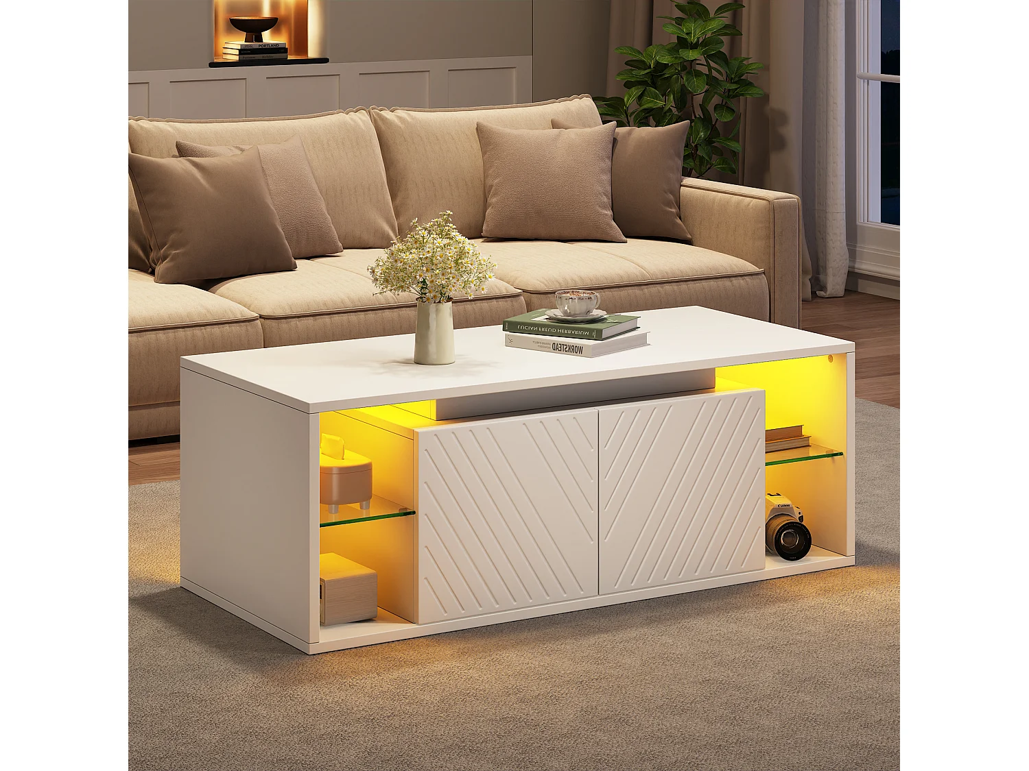 Coffee table with 2 doors, semi-open storage and LED lighting - Particleboard - 100 x 50 x 41 cm - White