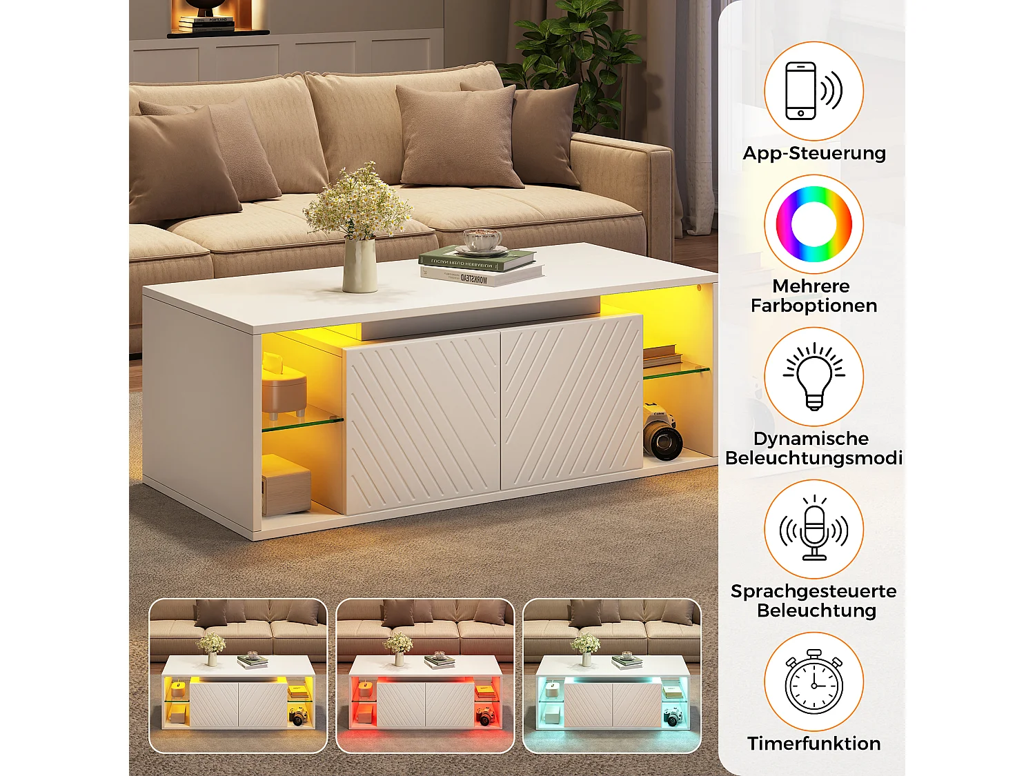 Coffee table with 2 doors, semi-open storage and LED lighting - Particleboard - 100 x 50 x 41 cm - White