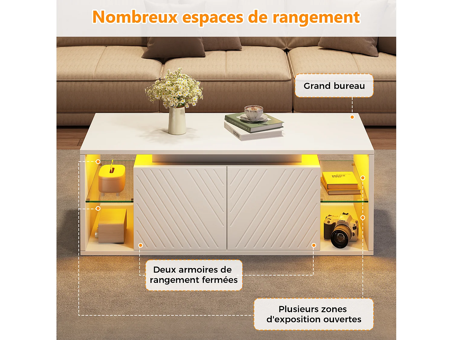Coffee table with 2 doors, semi-open storage and LED lighting - Particleboard - 100 x 50 x 41 cm - White