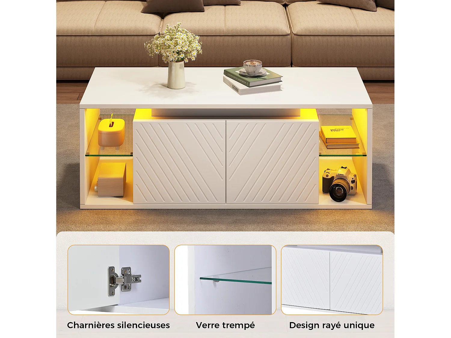 Coffee table with 2 doors, semi-open storage and LED lighting - Particleboard - 100 x 50 x 41 cm - White
