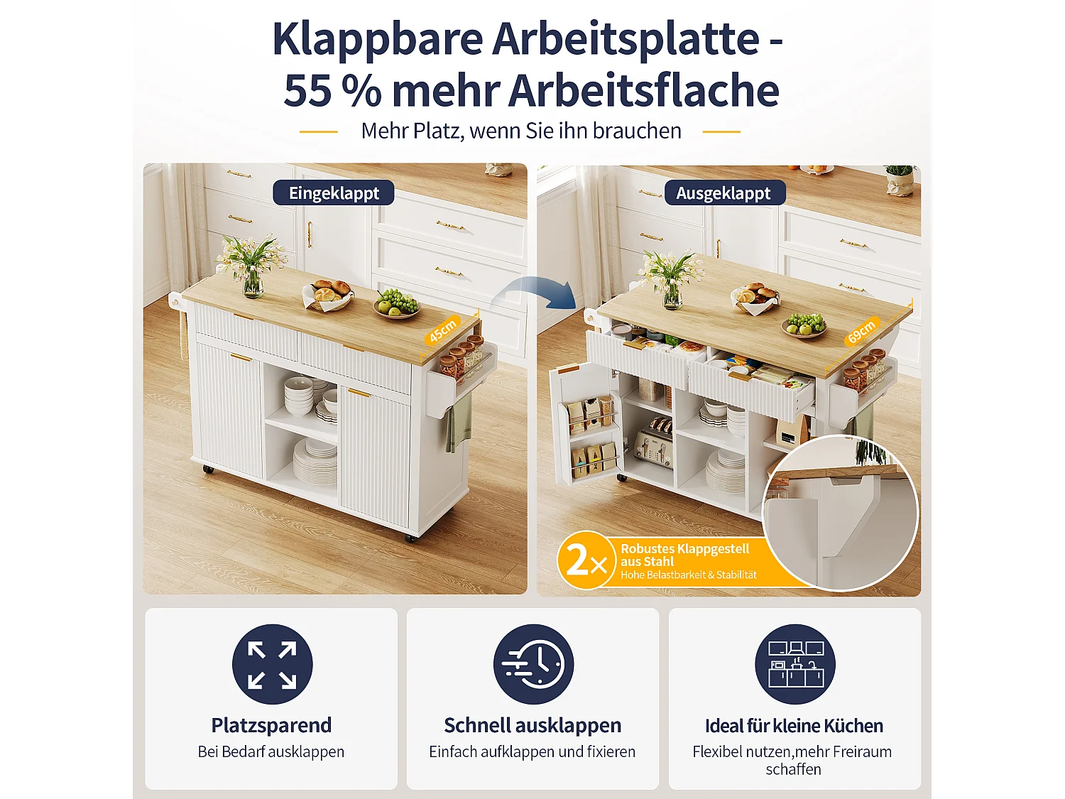 Kücheninsel auf Rollen mit klappbarer Arbeitsplatte, 2 Schubladen und 2 Türen – MDF – 143 x 45 bis 69 x 89,5 cm – Weiß