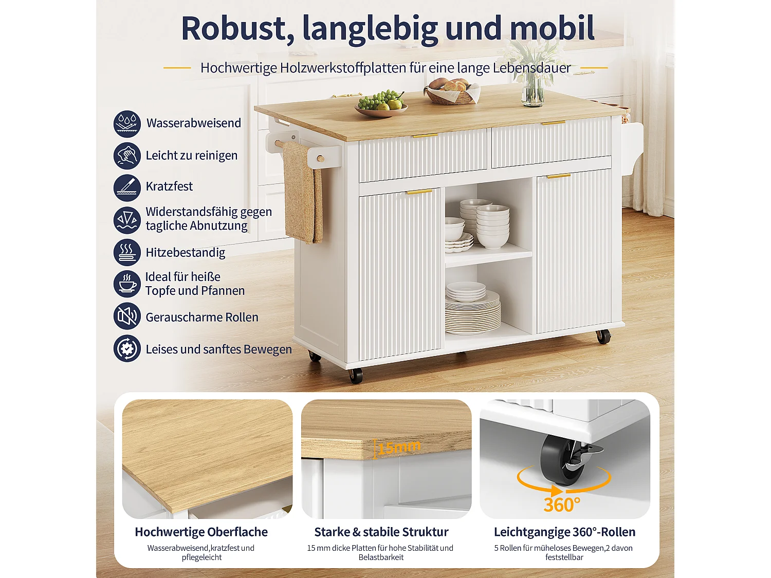 Kücheninsel auf Rollen mit klappbarer Arbeitsplatte, 2 Schubladen und 2 Türen – MDF – 143 x 45 bis 69 x 89,5 cm – Weiß