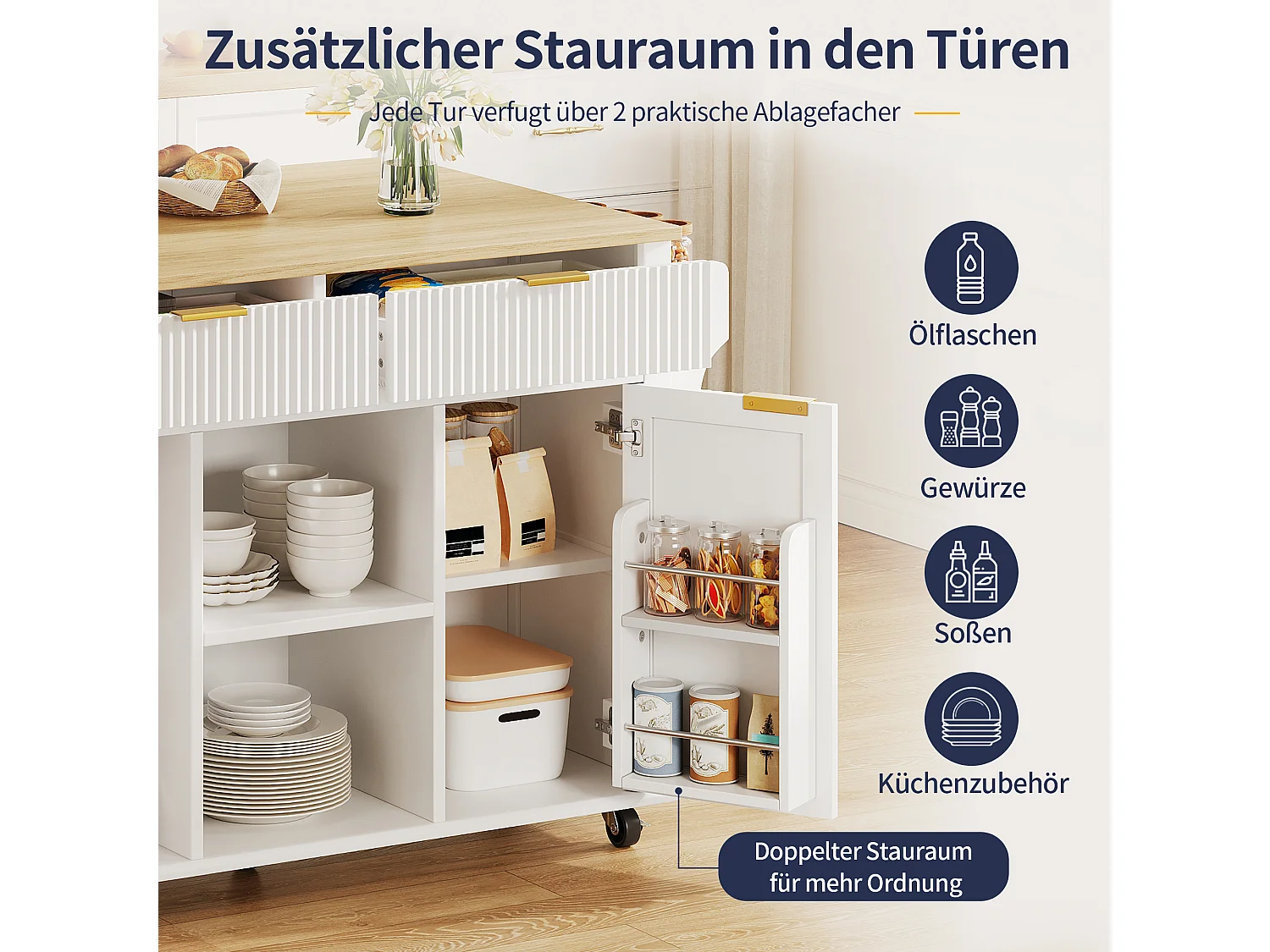 Kücheninsel auf Rollen mit klappbarer Arbeitsplatte, 2 Schubladen und 2 Türen – MDF – 143 x 45 bis 69 x 89,5 cm – Weiß