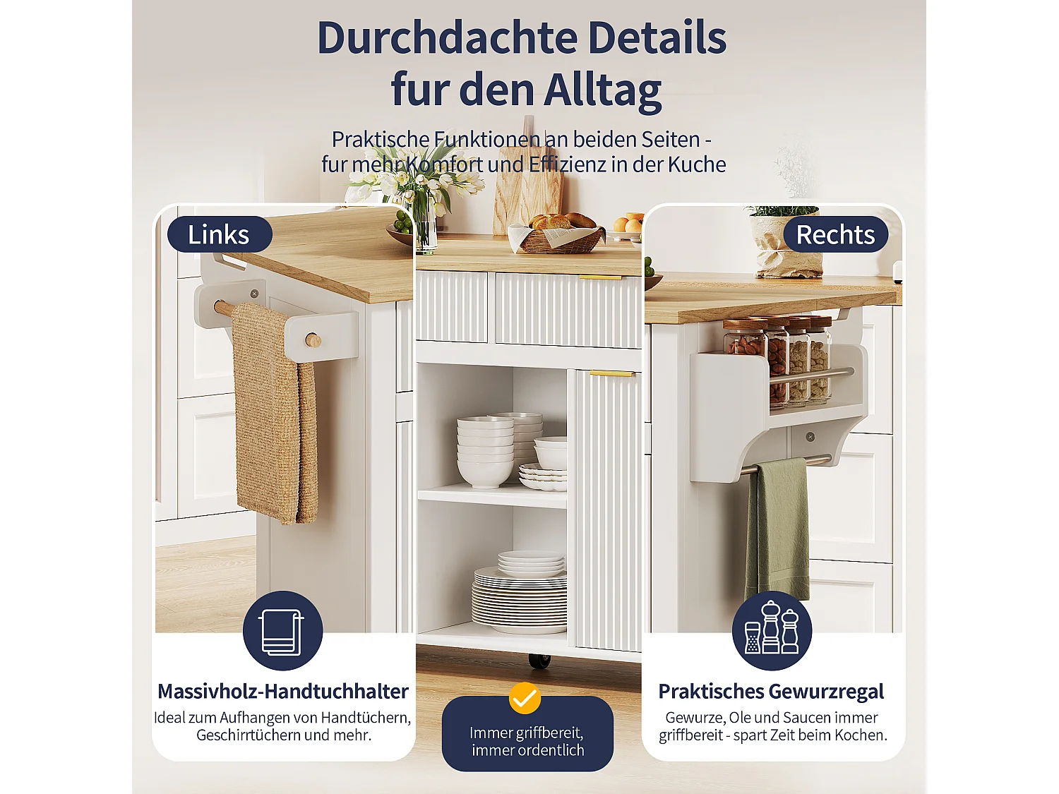 Kücheninsel auf Rollen mit klappbarer Arbeitsplatte, 2 Schubladen und 2 Türen – MDF – 143 x 45 bis 69 x 89,5 cm – Weiß