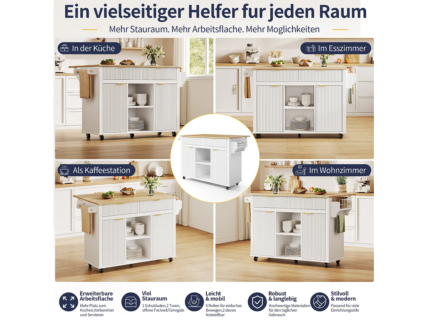 Kücheninsel auf Rollen mit klappbarer Arbeitsplatte, 2 Schubladen und 2 Türen – MDF – 143 x 45 bis 69 x 89,5 cm – Weiß