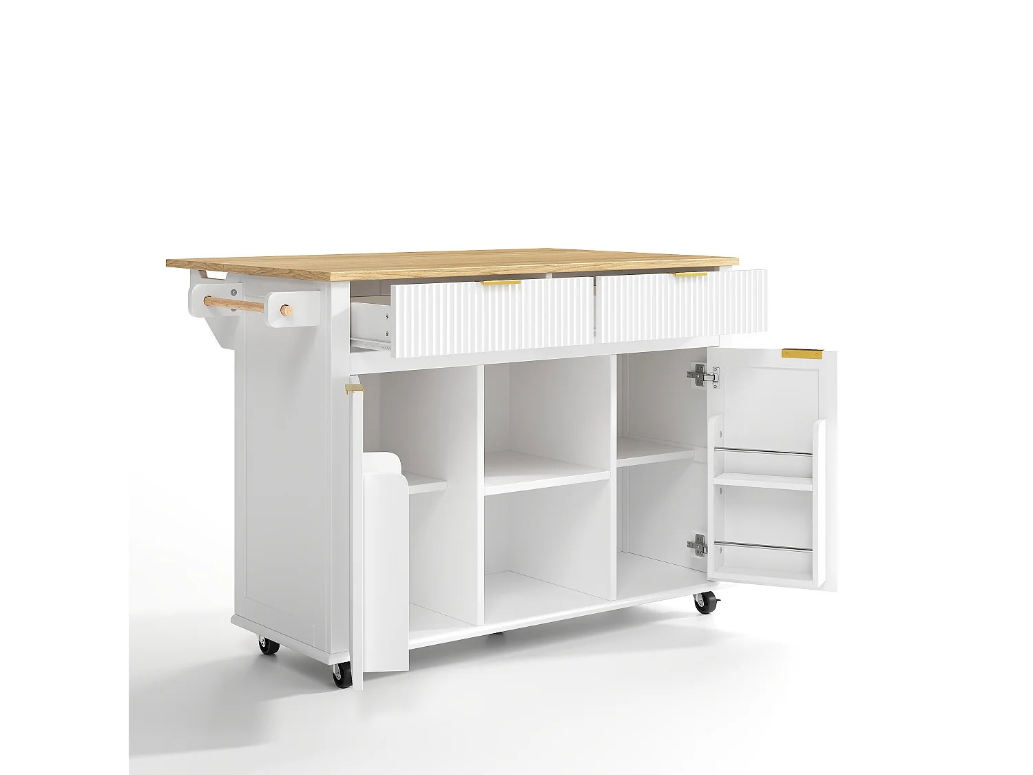 Kücheninsel auf Rollen mit klappbarer Arbeitsplatte, 2 Schubladen und 2 Türen – MDF – 143 x 45 bis 69 x 89,5 cm – Weiß