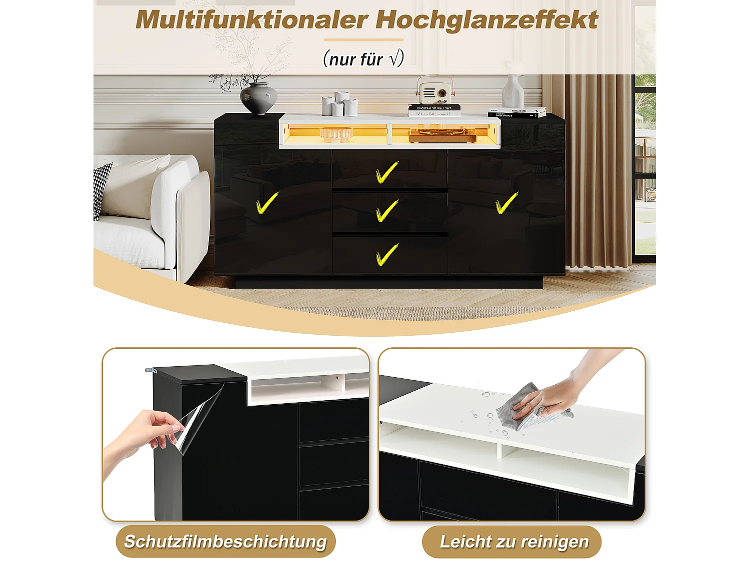 Buffet avec 2 portes, 3 tiroirs, 2 niches et éclairage LED - Panneaux de particules - 140 x 40 x 68 cm - Noir