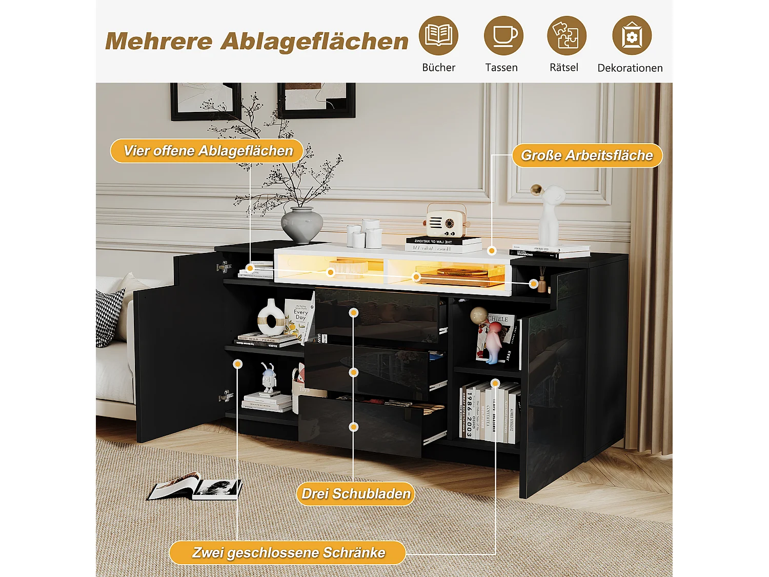 Buffet avec 2 portes, 3 tiroirs, 2 niches et éclairage LED - Panneaux de particules - 140 x 40 x 68 cm - Noir