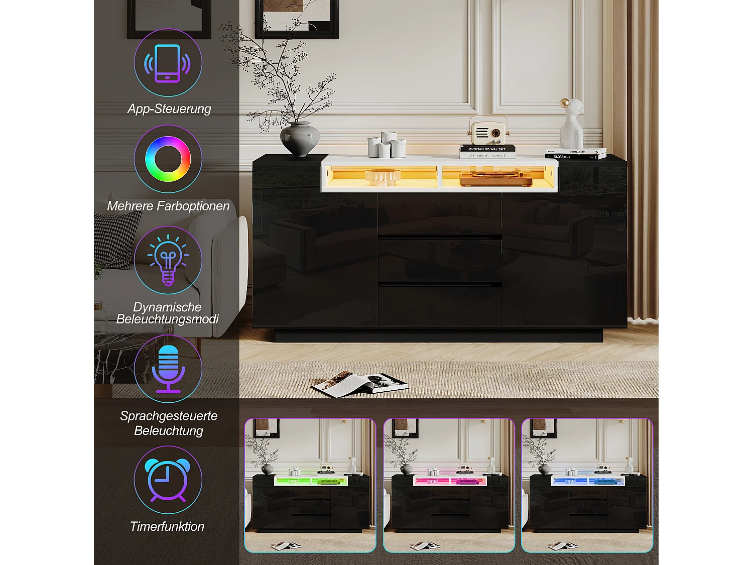 Buffet avec 2 portes, 3 tiroirs, 2 niches et éclairage LED - Panneaux de particules - 140 x 40 x 68 cm - Noir