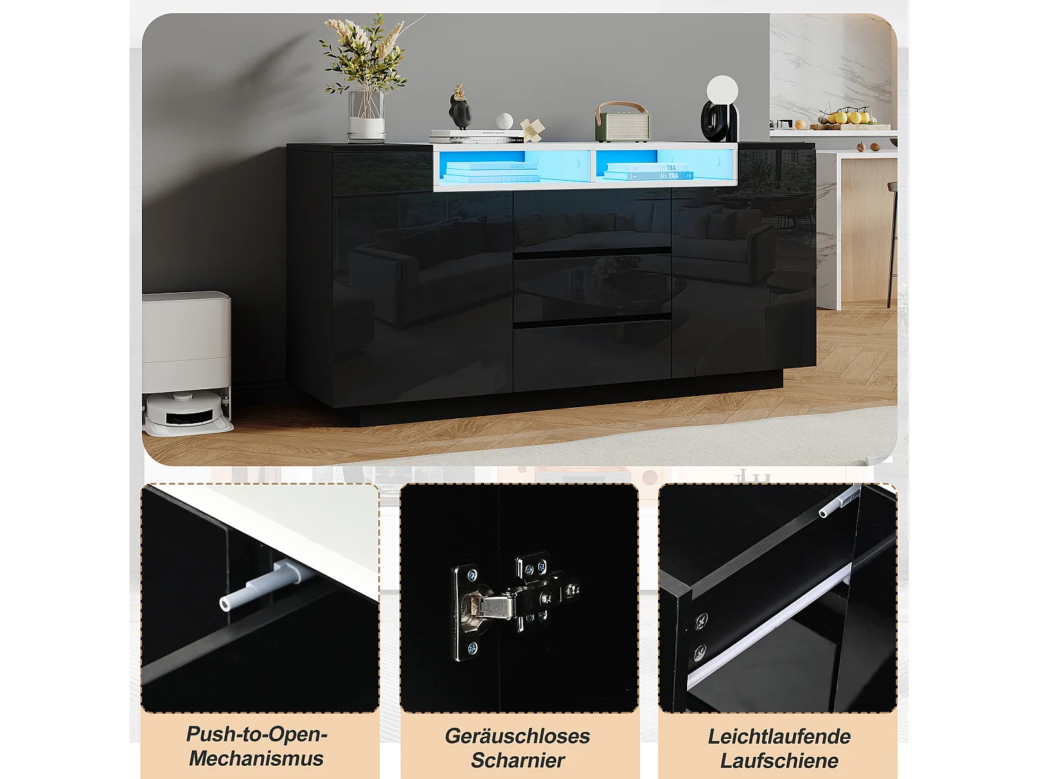 Buffet avec 2 portes, 3 tiroirs, 2 niches et éclairage LED - Panneaux de particules - 140 x 40 x 68 cm - Noir