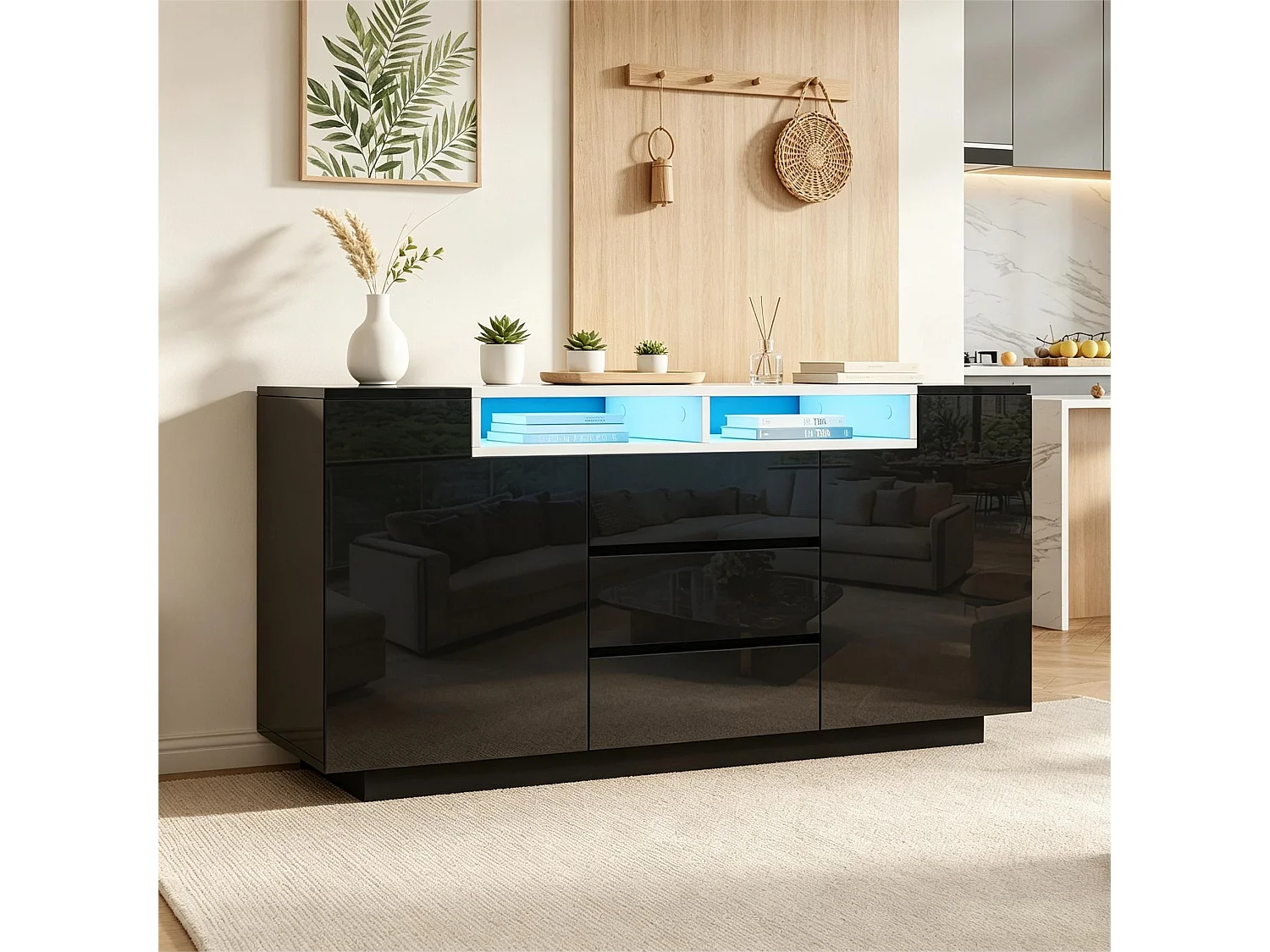Buffet avec 2 portes, 3 tiroirs, 2 niches et éclairage LED - Panneaux de particules - 140 x 40 x 68 cm - Noir