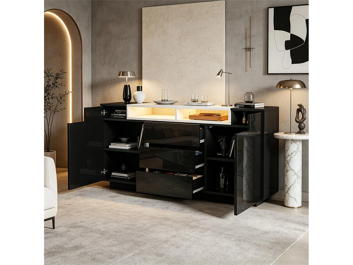 Buffet avec 2 portes, 3 tiroirs, 2 niches et éclairage LED - Panneaux de particules - 140 x 40 x 68 cm - Noir