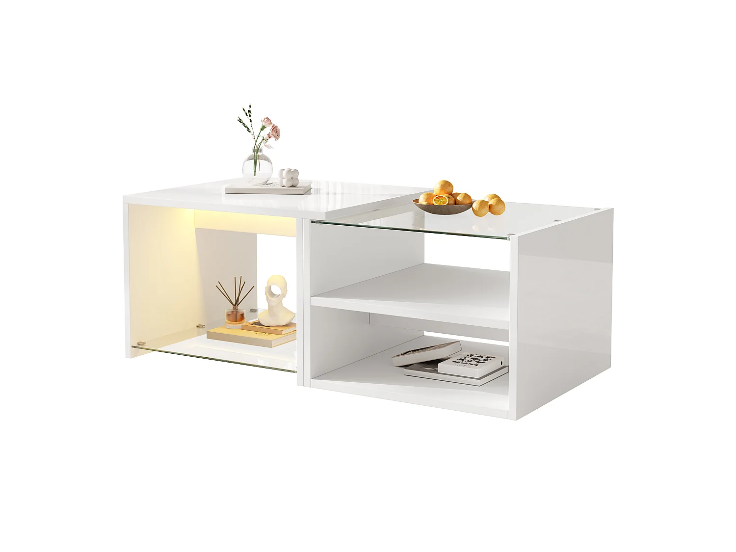 Coffee table with glass top, open storage and LEDs - Particleboard - 100 x 50 x 38 cm - Glossy white