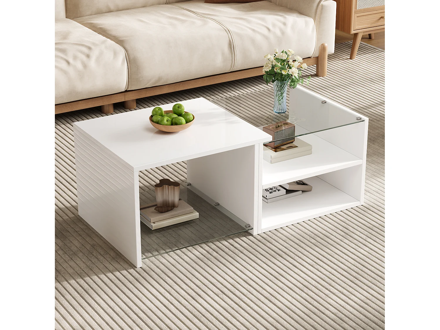 Coffee table with glass top, open storage and LEDs - Particleboard - 100 x 50 x 38 cm - Glossy white
