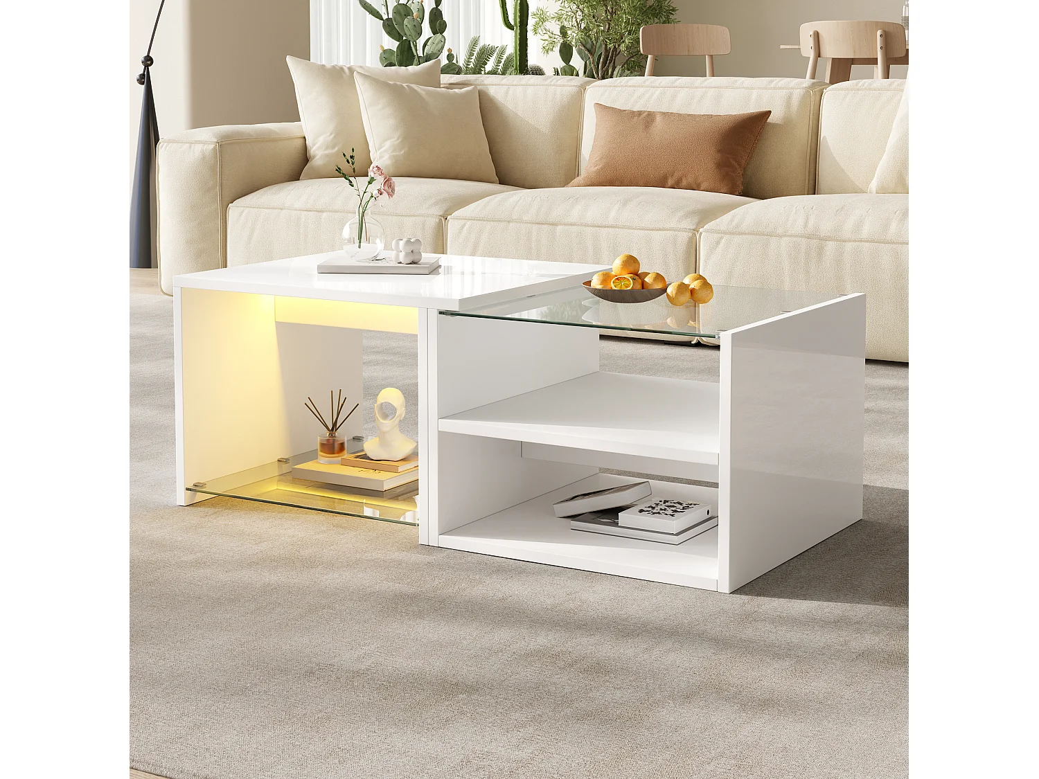 Coffee table with glass top, open storage and LEDs - Particleboard - 100 x 50 x 38 cm - Glossy white