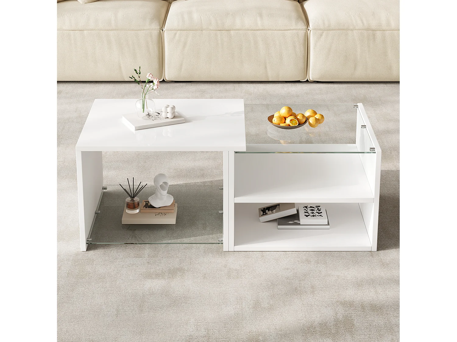 Coffee table with glass top, open storage and LEDs - Particleboard - 100 x 50 x 38 cm - Glossy white