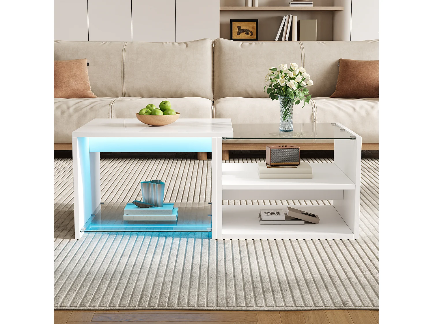Coffee table with glass top, open storage and LEDs - Particleboard - 100 x 50 x 38 cm - Glossy white
